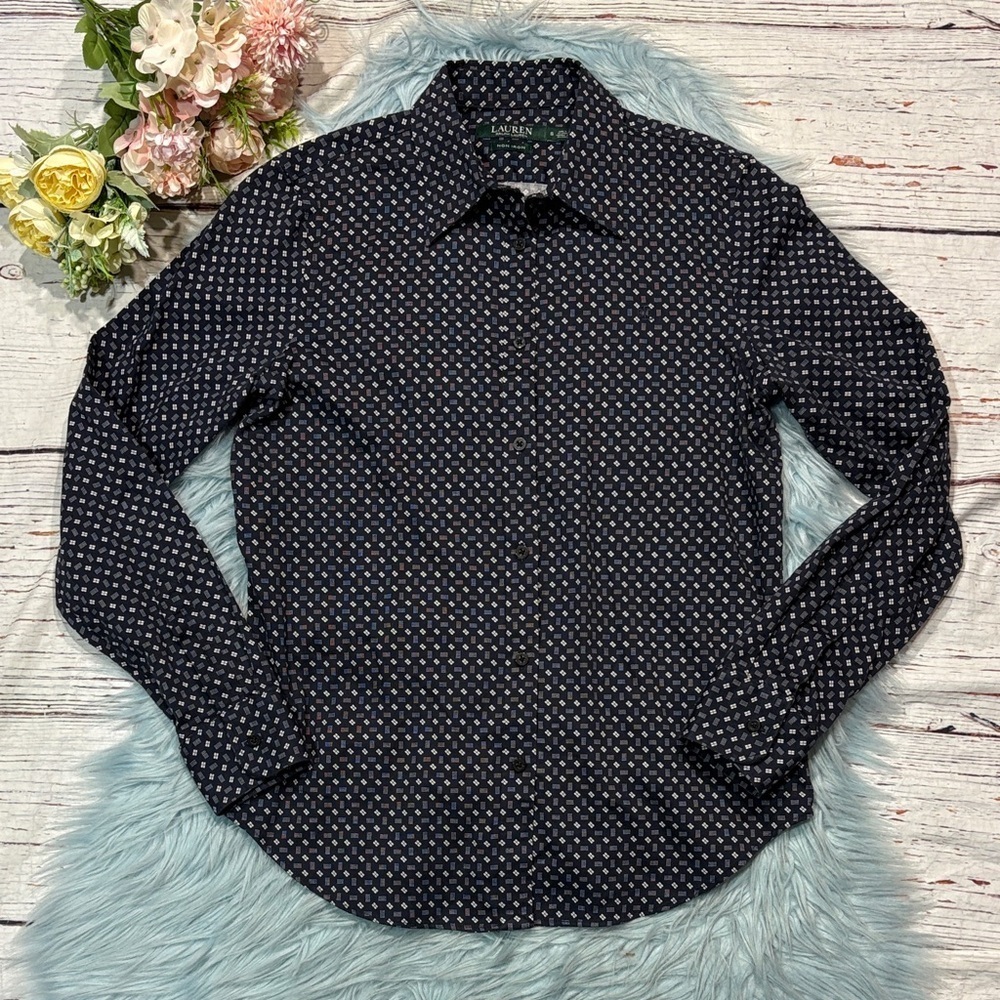 Ralph Lauren Blue White Geometric Patterned Non Iron Button Down Top